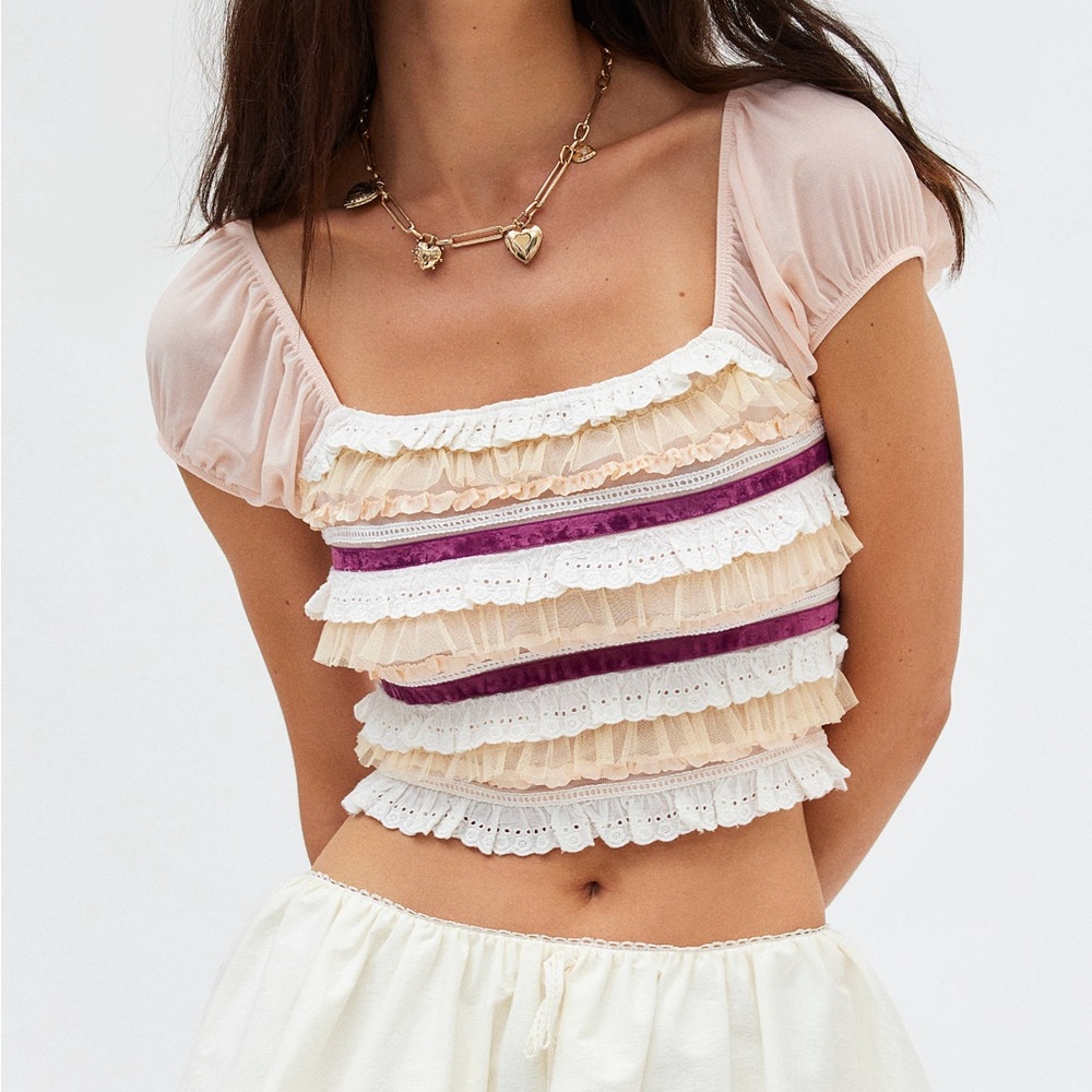 Kimchi Blue Puff Sleeve Ruffle Top Urban Outfitters UO Sheer Velvet Ribbon